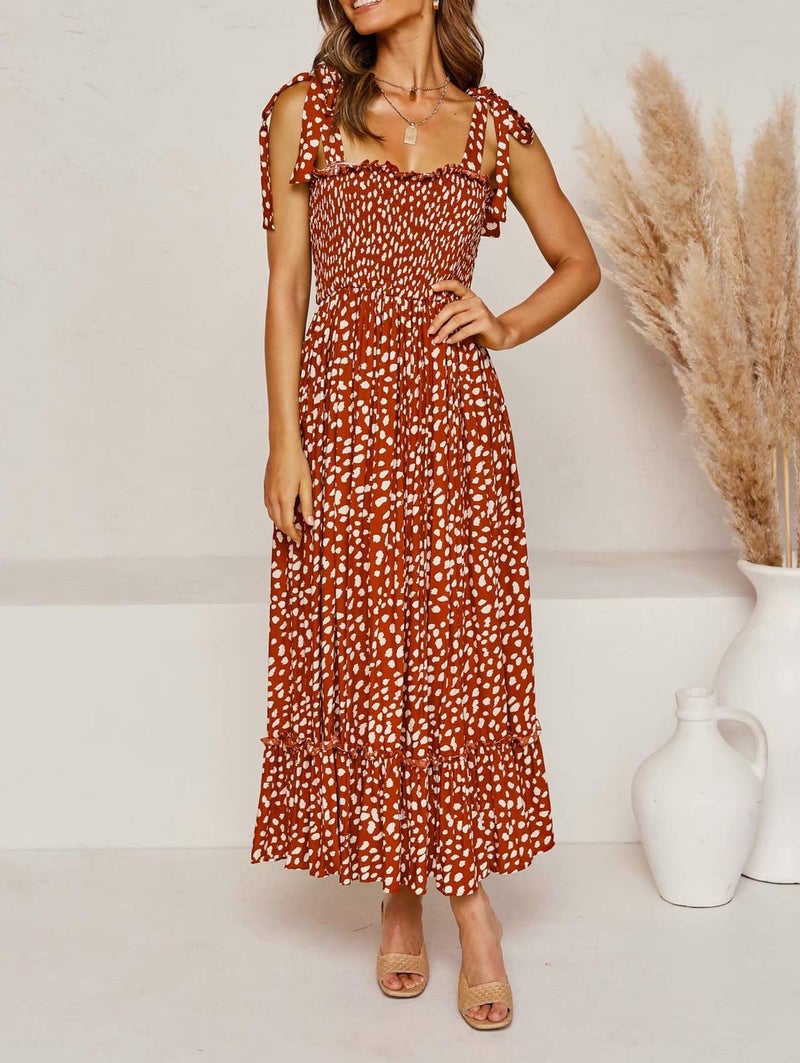 R.Vivimos Women's Summer Straps Cotton Irregular Polka Dot Ruffles Midi Dress (Small, Orange) - Image 4